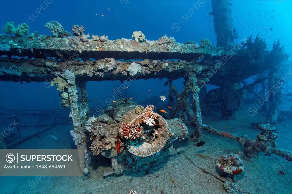 Superstructure, winch, mast, shipwreck, tanker, S.S. Turbo, build 1912, sank on 4/4/1942 during World War II, hit by Italian torpedo, Diver, Abu Dias,...