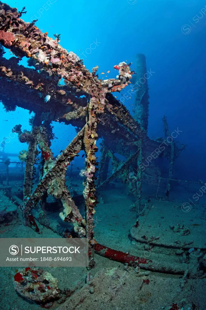 Superstructure, shipwreck, tanker, S.S. Turbo, build 1912, sank on 4/4/1942 during World War II, hit by Italian torpedo, Diver, Abu Dias, Ras Banas, E...