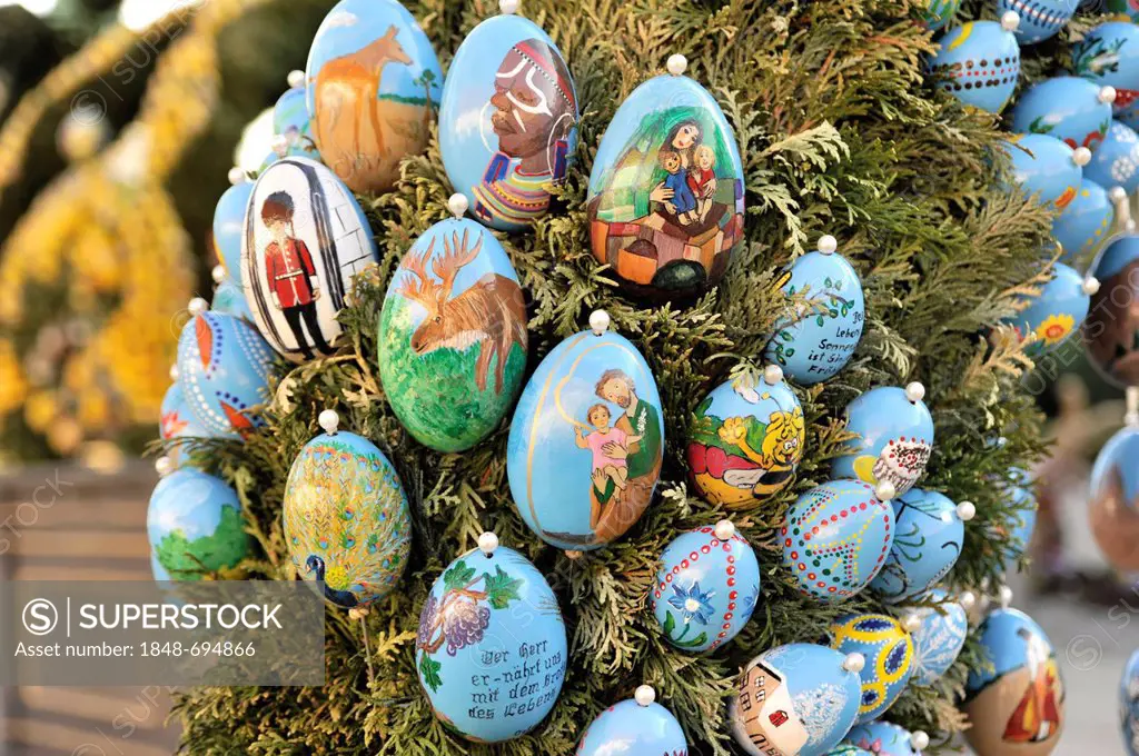 Easter eggs on an easter fountain, Schechingen, Baden-Wuerttemberg, Germany, Europe