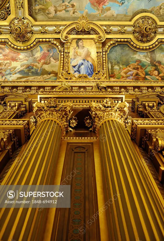 Interior, Grand Foyer with ceiling painting by Paul Baudry with motifs from musical history, Opéra Palais Garnier opera, Paris, France, Europe