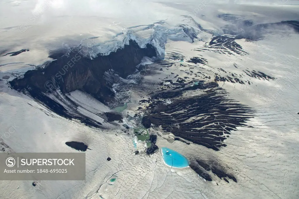 Aerial view, blue and green glacial lakes on the crater rim of the Grimsvoetn volcano in the ice of the Vatnajoekull glacier, Iceland, Europe