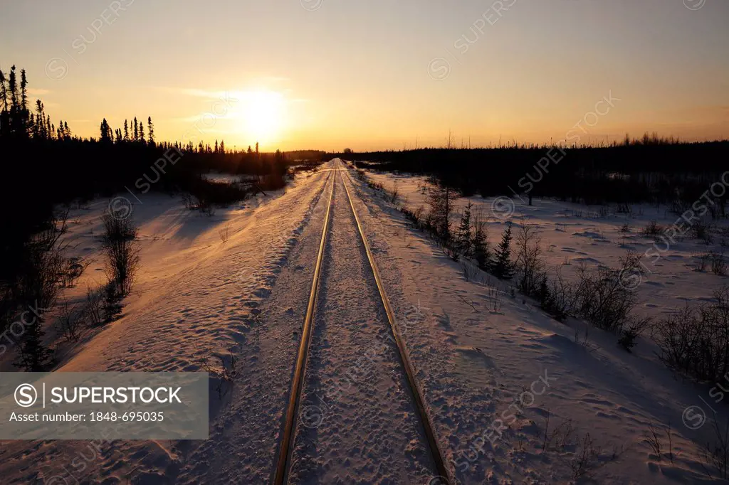 Railway tracks of the railway line between Winnipeg and Churchill, Manitoba, Canada