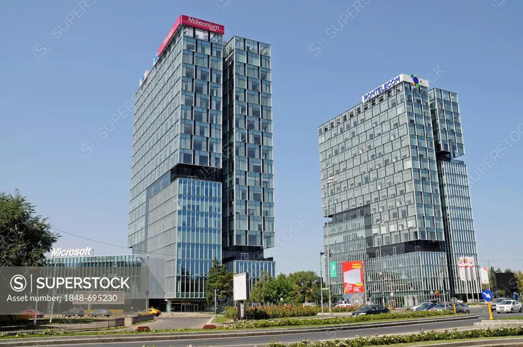 Modern high-rise office buildings, Microsoft, Millennium Bank, Romtelecom, corporate office, Bucharest, Romania, Eastern Europe, Europe, PublicGround