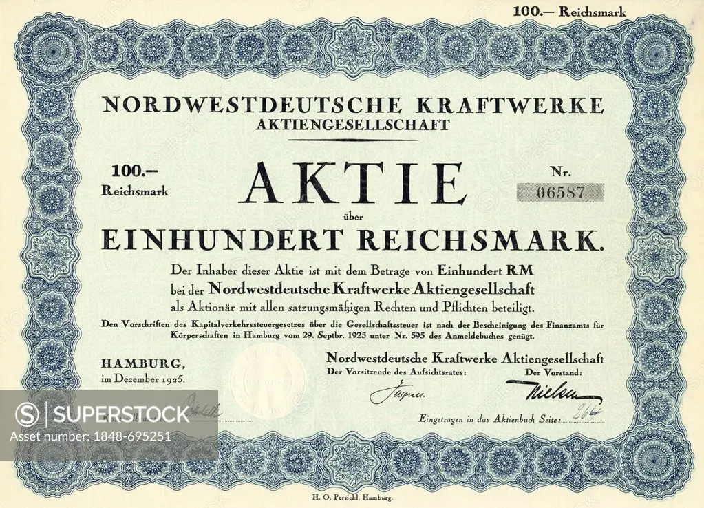 Historic stock certificate, share, 100 reichsmarks, Nordwestdeutsche Kraftwerke Aktiengesellschaft, 1925, NWK, a power supply company, later part of P...