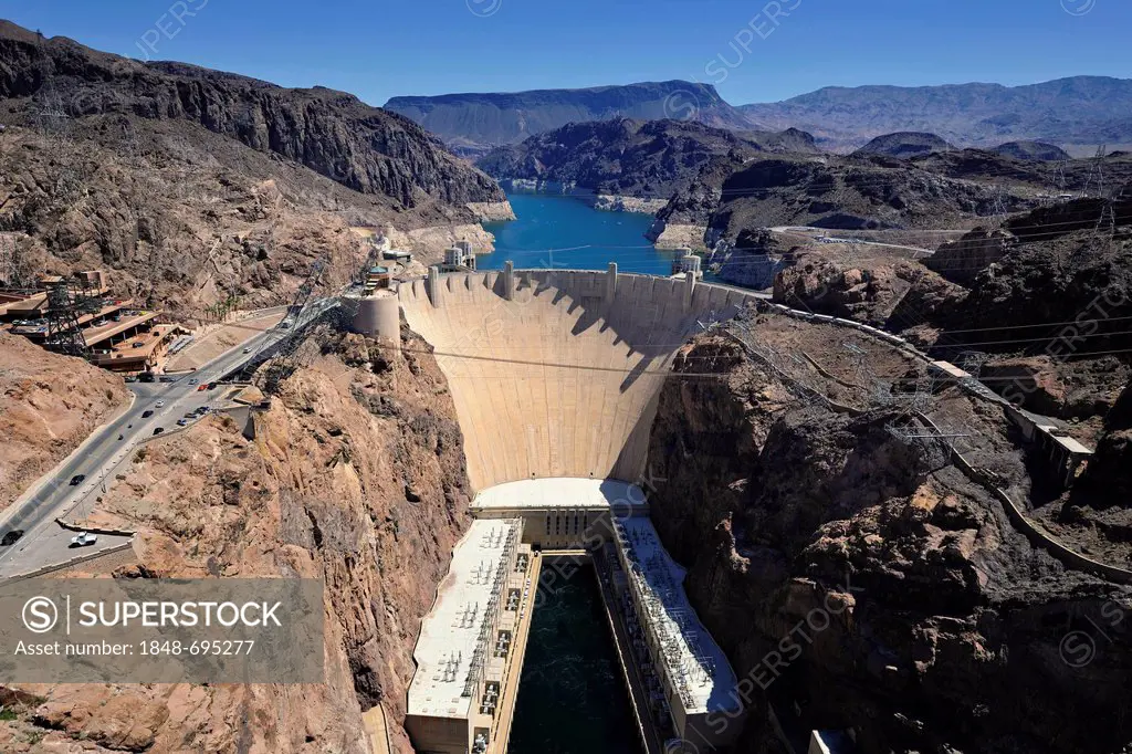 View of the Hoover Dam as seen from the Mike O'Callaghan-Pat Tillman Memorial Bridge, Lake Mead National Recreation Area, Arizona, Nevada, USA, Public...