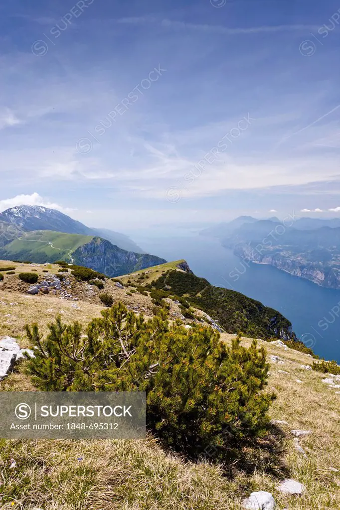 View from Monte Altissimo above Nago, looking towards Lake Garda, with Monte Baldo at the rear, Trentino, Italy, Europe