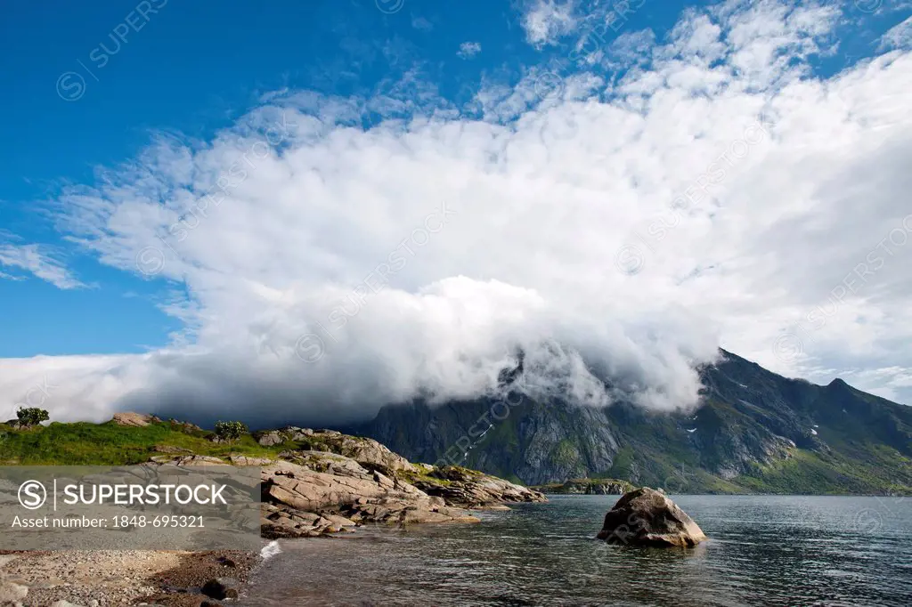 Clouds over the mountains, Steinsfjorden, Vestvagoy, Lofoten, Northern Norway, Norway, Scandinavia, Europe