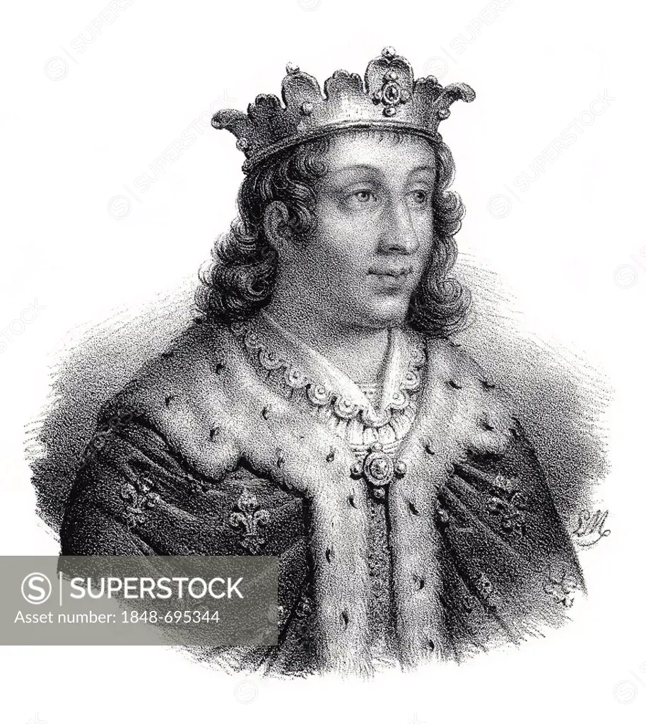 Historical steel engraving from the 19th Century, portrait, Chlothar III or Clotaire III, King of the Franks from the house of the Merovingians, 7th C...
