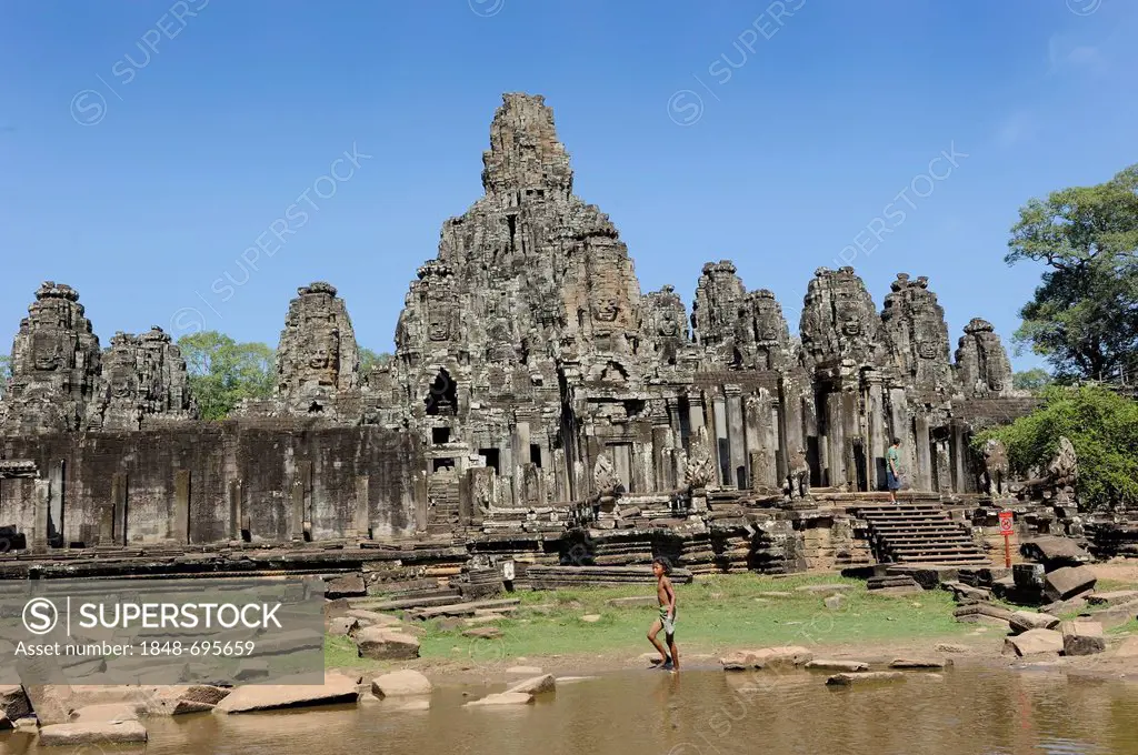 Khmer child at a pond in front of the Bayon Temple, Cambodia, Southeast Asia, Asia