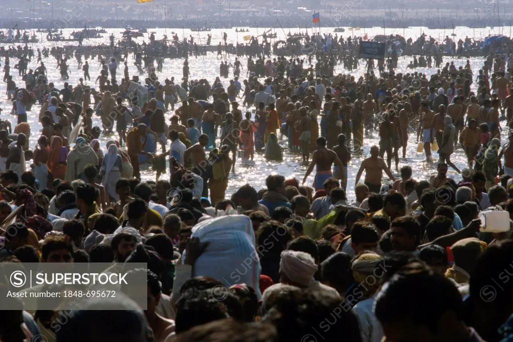 Millions waiting to take Maha Snan, the spiritually cleaning dip in the water at the confluence of the Rivers Ganges, Yamuna and Saraswati in Allahaba...