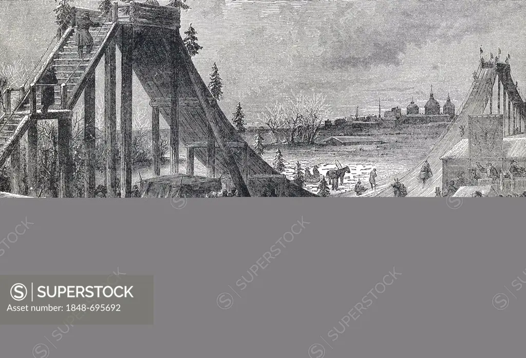 Russian toboggan run in winter, St Petersburg, Russia, historical engraving, 19th Century, from the book by I Solskin Hjemmet, Ung og Gammel, Battle C...