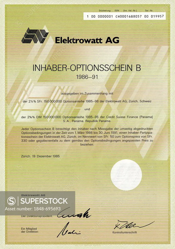 Share certificate, bearer warrant in German marks, Swiss francs, Elektrowatt AG and Credit Suisse Finance in Panama, Zuerich, 1985, Switzerland, Europ...