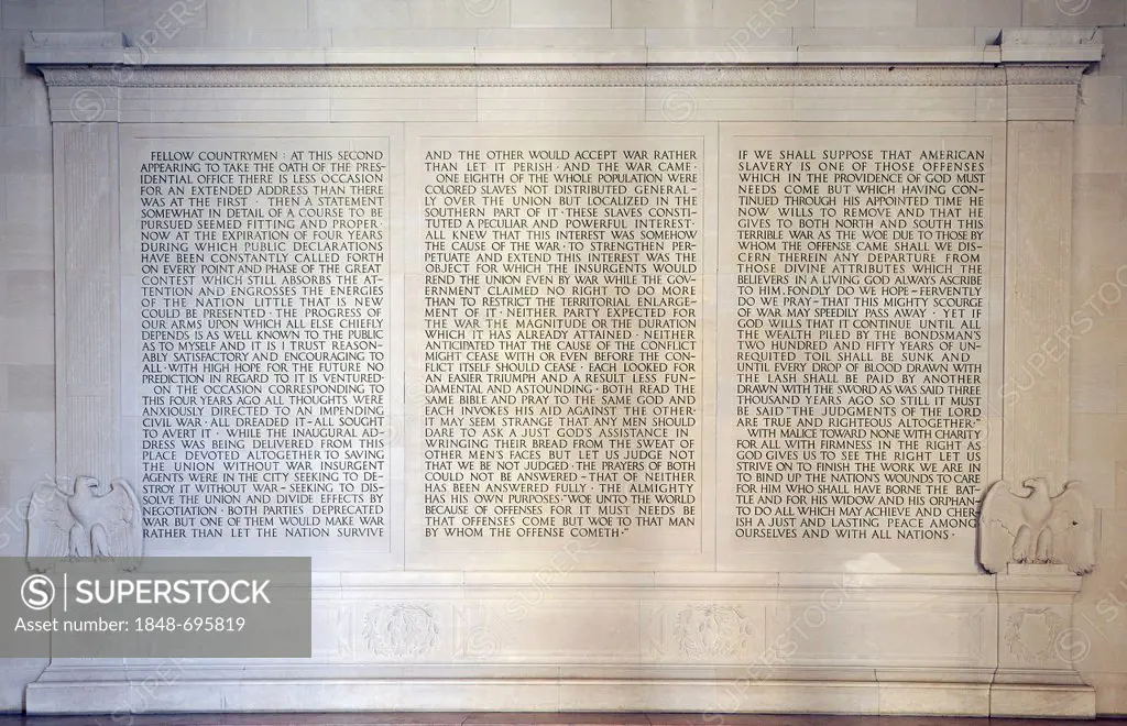 Famous Second Inaugural Address, Lincoln Memorial, Washington DC, District of Columbia, United States of America, USA