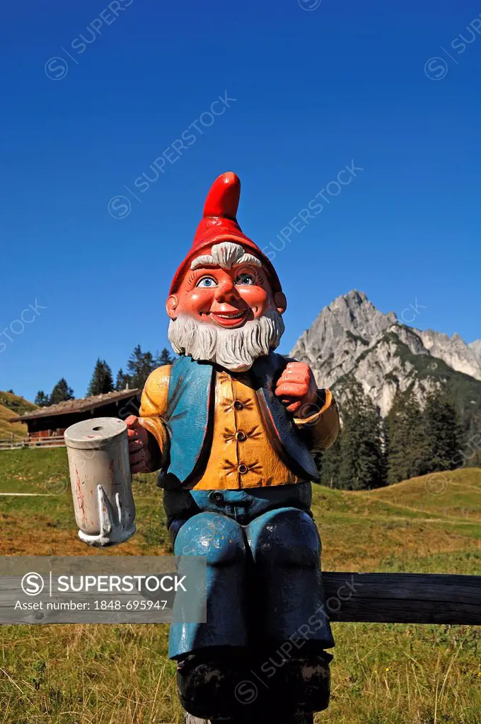 Garden gnome holding a beer mug on Litzlalm, alp, Mt Muehlsturzhoerner at back, Zell am See, Austria, Europe