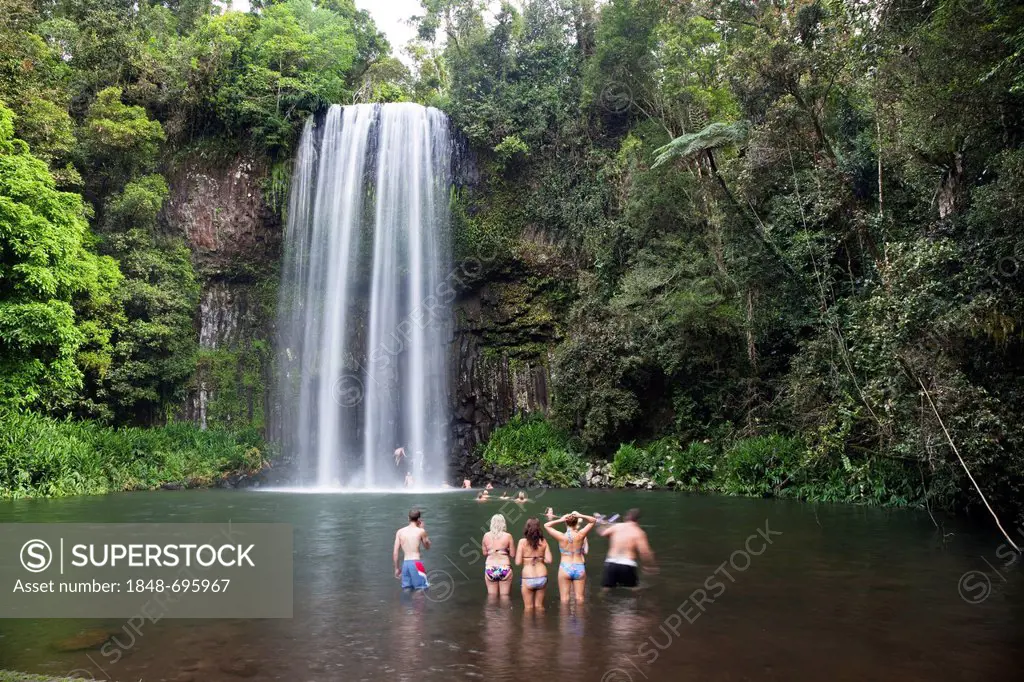 Young people bathing at Millaa Millaa Falls, Waterfall Circuit, Atherton Tablelands, Queensland, Australia