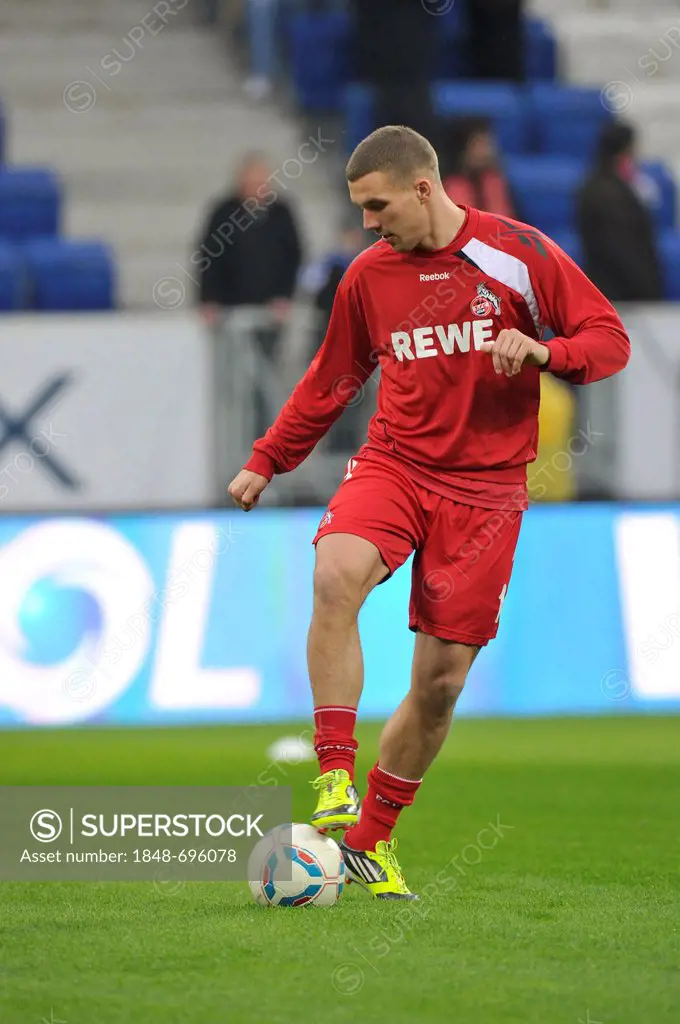 Lukas Podolski, 1. FC Koeln, warming-up, Wirsol Rhein-Neckar-Arena, Sinsheim-Hoffenheim, Baden-Wuerttemberg, Germany, Europe