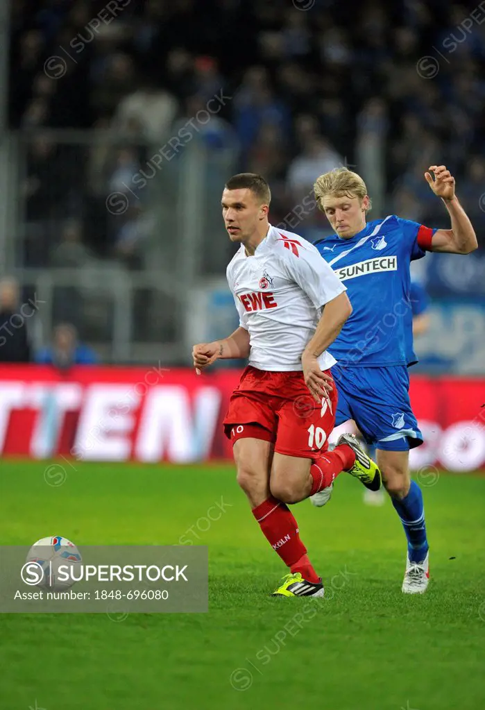 Duel, Lukas Podolski, 1. FC Koeln, left, vs. Andreas Beck, TSG 1899, right, Wirsol Rhein-Neckar-Arena, Sinsheim-Hoffenheim, Baden-Wuerttemberg, German...