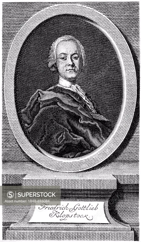 Historical illustration from the 19th century, portrait of Friedrich Gottlieb Klopstock, 1724 - 1803, a German poet