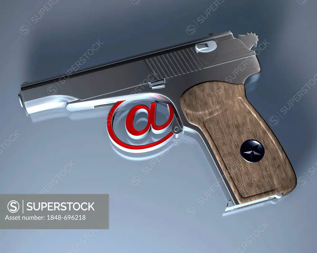Gun with at sign, symbolic image for cybercrime