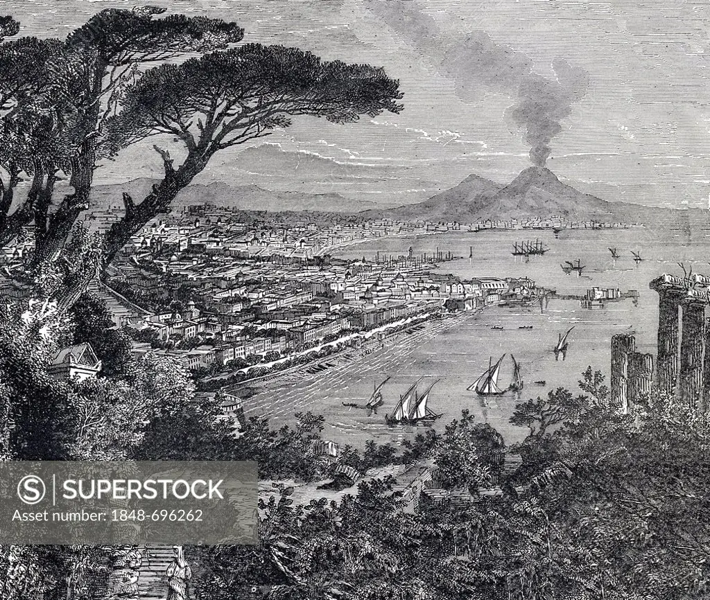 Cityscape of Naples with Mt Vesuvius, Italy, historical engraving, 19th Century, from the book by I Solskin Hjemmet, Ung og Gammel, Battle Creek, Mich...