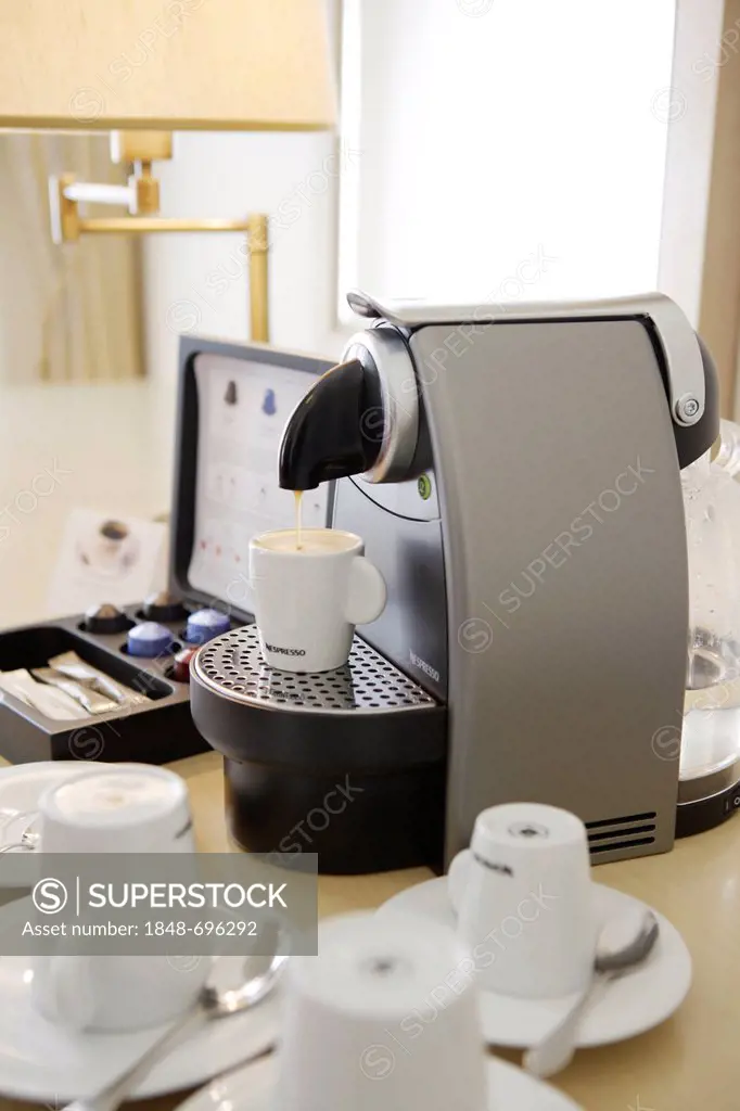 Espresso machine in a hotel room