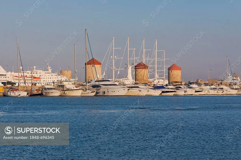 Windmills, Mandraki harbour, Rhodes, Greece, Europe, PublicGround