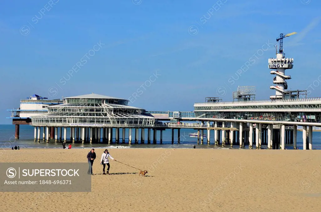 Pier with a bungee tower on a beach on the North Sea, Scheveningen, Holland, Netherlands, Europe