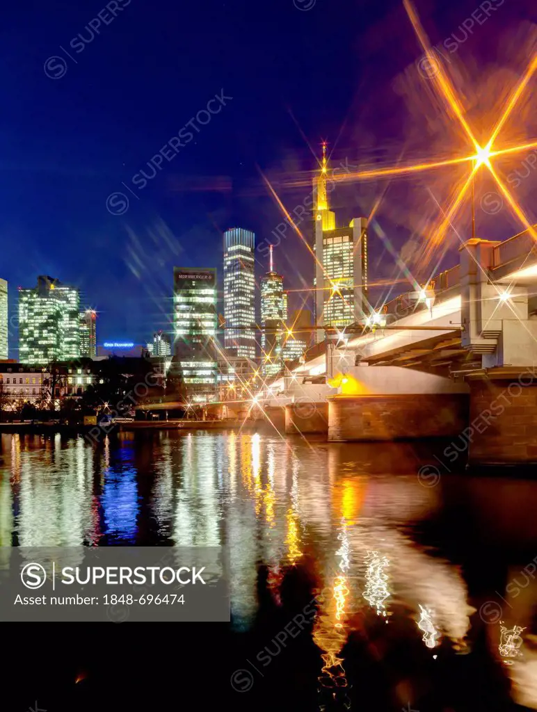 Skyline of Frankfurt at night, star effect, Commerzbank, Hessische Landesbank, Deutsche Bank, European Central Bank, Frankfurt am Main, Hesse, Germany...