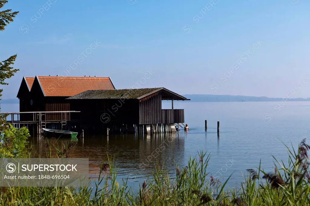 Boathouses in Diessen am Ammersee, Ammersee Lake, Pfaffenwinkel, Upper Bavaria, Bavaria, Germany, Europe, PublicGround