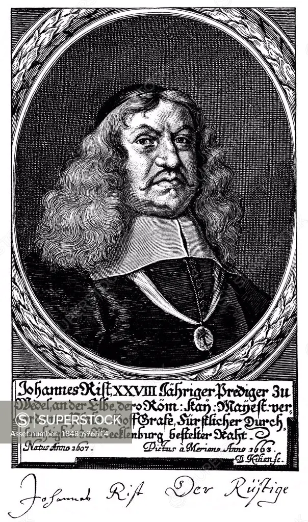 Historic print, portrait of Johann Rist, 1607 - 1667, a German poet and Evangelical-Lutheran preacher, from Bildatlas zur Geschichte der Deutschen Nat...