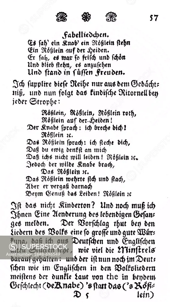 Historic print, 1773, page of the book Lieder alter Voelker by Johann Gottfried von Herder, 1744 - 1803, a German poet, translator, theologian and phi...
