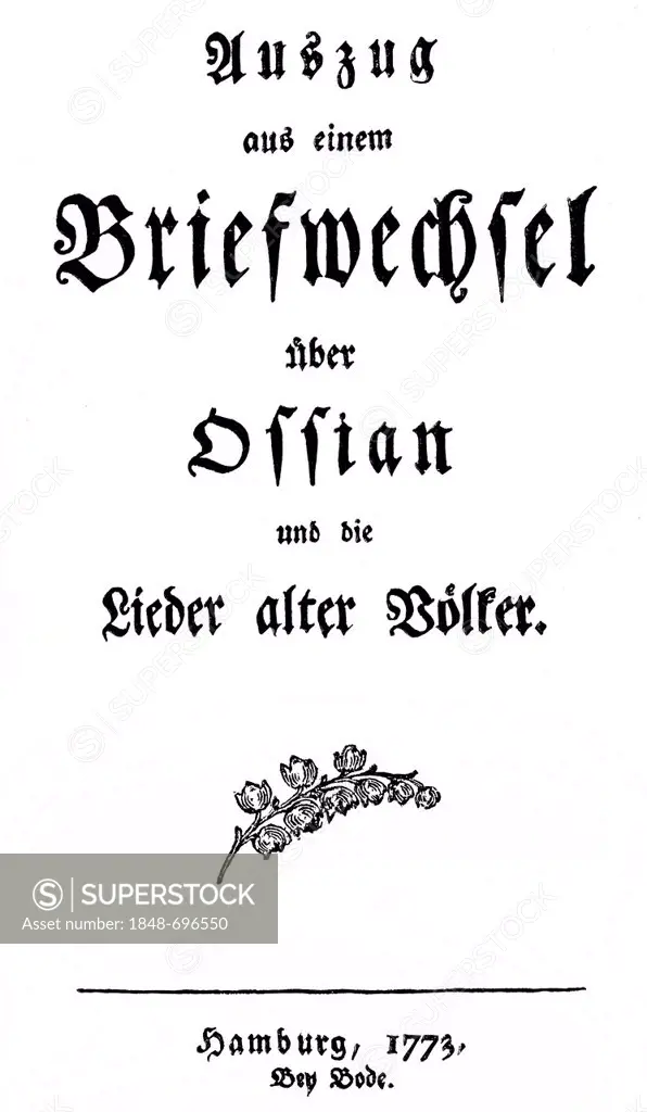 Historic print, 1773, title page of Lieder alter Voelker by Johann Gottfried von Herder, 1744 - 1803, a German poet, translator, theologian and philos...