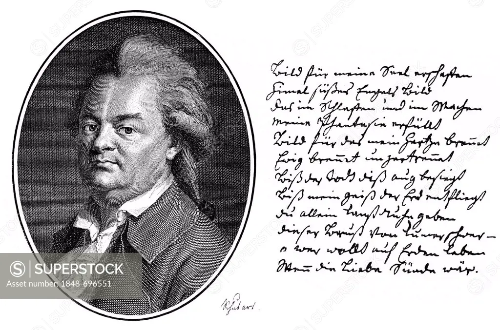 Historic print, copper engraving, 1774, portrait and manuscript of Christian Friedrich Daniel Schubart, 1739 - 1791, a German poet, organist, composer...