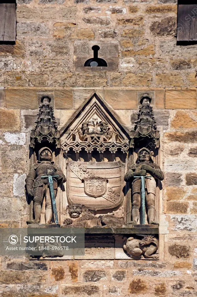 Crest of the duchy of Saxe-Coburg and Gotha on the Bulgarenturm tower of the Veste Coburg castle, Coburg 1, Coburg, Upper Franconia, Bavaria, Germany,...