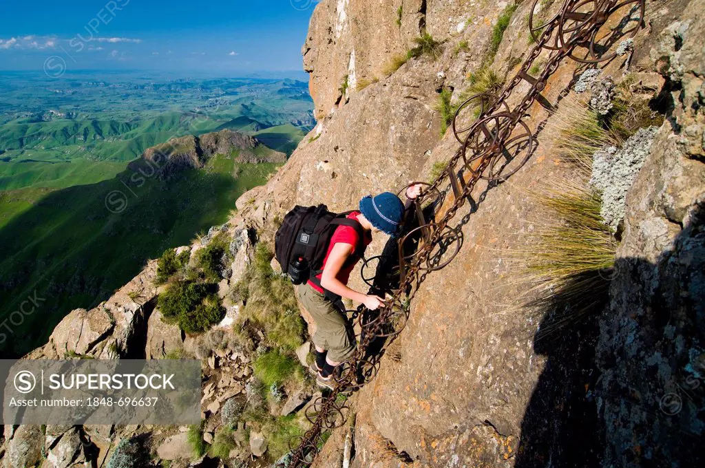 Climber on the Sentinel Hiking Trail, Drakensberge mountains, KwaZulu-Natal, South Africa, Africa