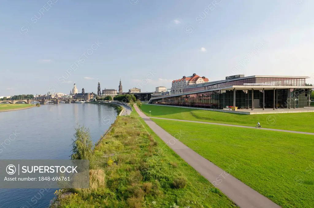 The newly built Kongresszentrum congress centre, seen from Marienbruecke bridge, Dresden, Saxony, Germany, Europe