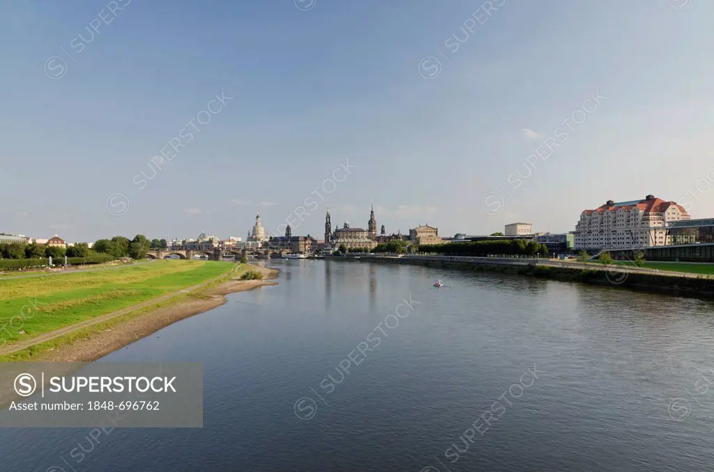 The historic part of the city, situated on the river Elbe, seen from Marienbruecke bridge, Dresden, Saxony, Germany, Europe
