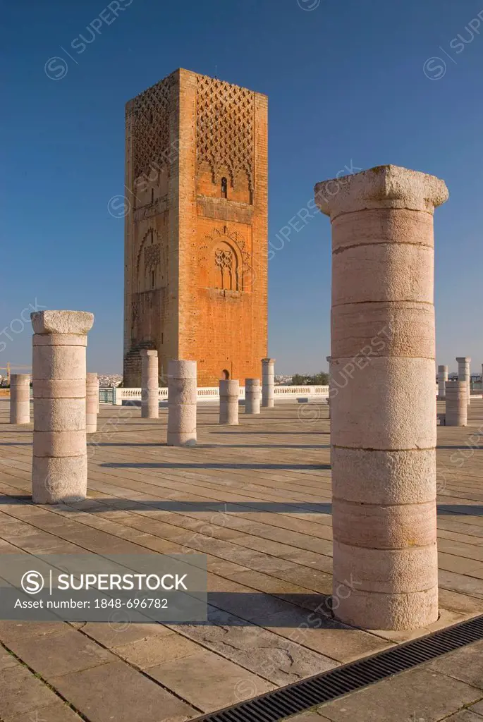 The landmark Hassan Tower or Tour Hassan is the minaret of an incomplete mosque in Rabat, Morocco, Africa