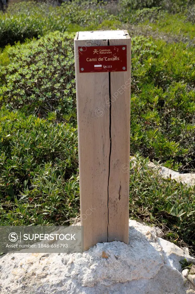 Signpost Cami de Cavalls, Menorca, Balearic Islands, Spain, Europe