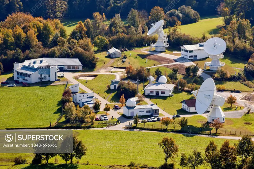 Aerial view of Fundamental Station Wettzell, geodetic observatory with radio telescopes, Wettzell near Bad Koetzting in the Bavarian Forest, Bavaria, ...