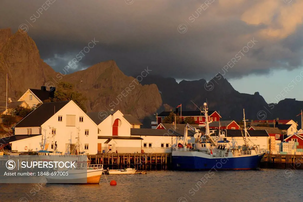 The harbor of Hamnøy, mountains at back, Hamnøy, island of Moskenesøy, Moskenesoy, Lofoten archipelago, Nordland, Norway, Europe