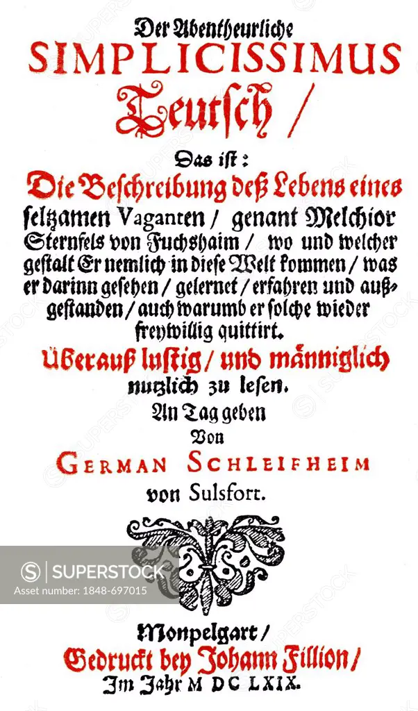 Historic print, 1669, title page of the first edition, Der abenteuerliche Simplicissimus Teutsch by Hans Jakob Christoffel von Grimmelshausen, 1622 - ...