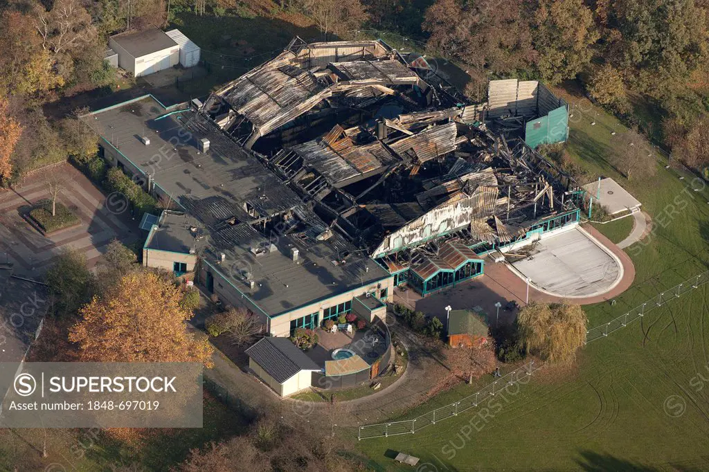 Aerial view, fire at the Wananas swimming-pool in Herne, blaze in the night of 10. November 2011 caused by a technical defect, Herne, Ruhr area, North...