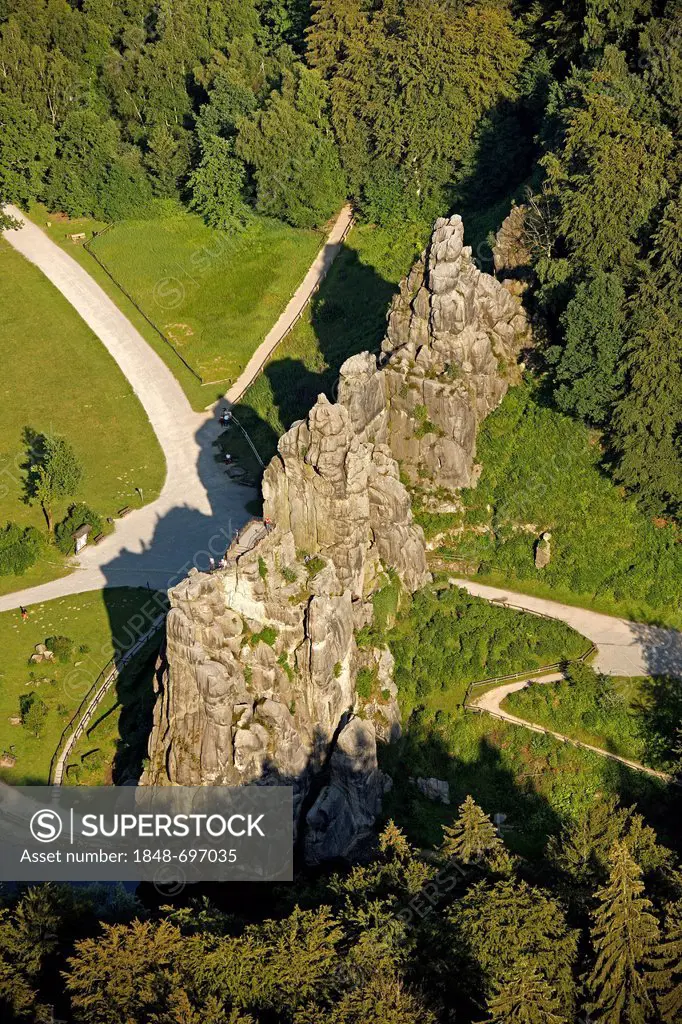 Aerial view, Externsteine rock formation, natural monument, sandstone rocks, Horn-Bad Meinberg, Ostwestfalen-Lippe, eastern Westphalia, North Rhine-We...