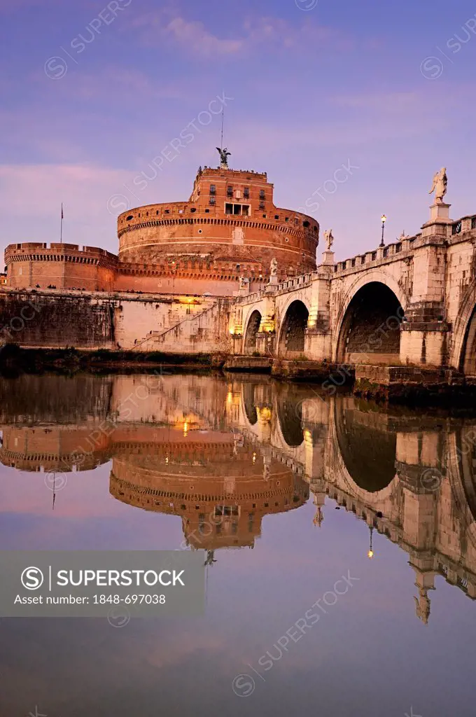 Castel Sant'Angelo and Ponte Sant'Angelo reflected in the Tiber river, Rome, Italy, Europe