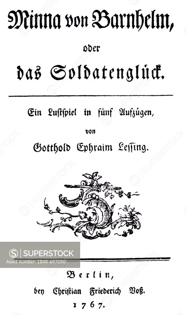 Historic manuscript, 1767, title page of Minna von Barnhelm by Gotthold Ephraim Lessing, 1729 - 1781, a poet of the German Enlightenment, from Bildatl...