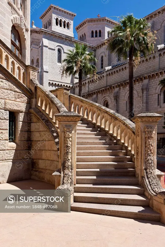 Stairs to the Palace of Justice, Monte Carlo, Principality of Monaco, Côte d'Azur, Mediterranean Sea, Europe, PublicGround