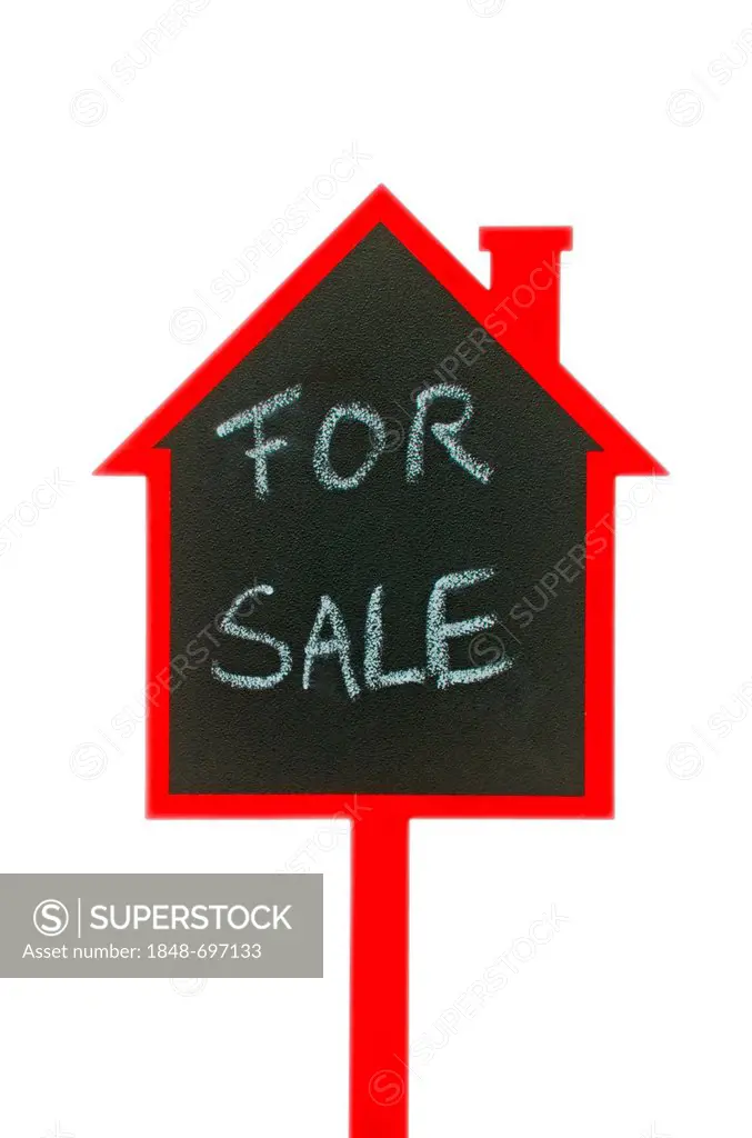 Sign shaped like a house, lettering For Sale, symbolic image for eal estate, house purchase