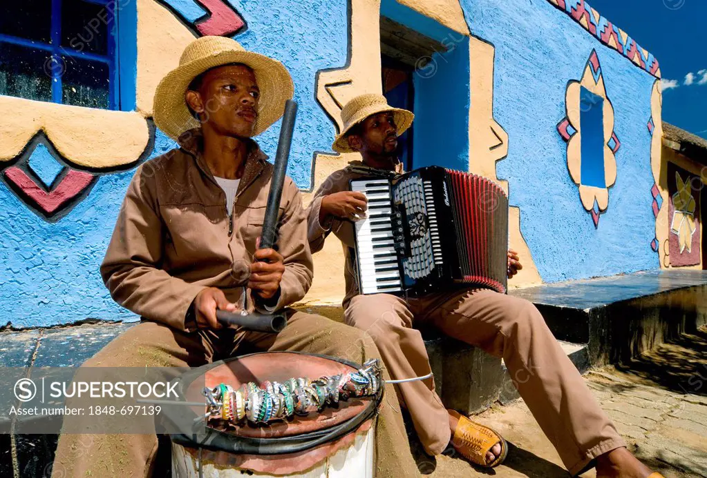 Traditional musicians playing an accordion and a drum, Basotho Cultural Village, Golden Gate National Park, Free State, South Africa, Africa