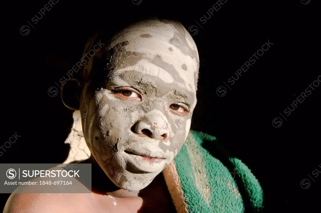 Xhosa boy smeared with clay, portrait, during the traditional circumcision ceremony, Wild Coast, Eastern Cape, South Africa, Africa